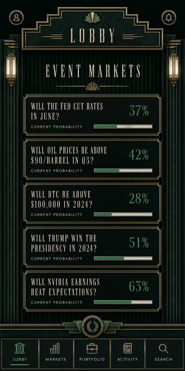 KLS Lobby screen listing event-market questions with current readings